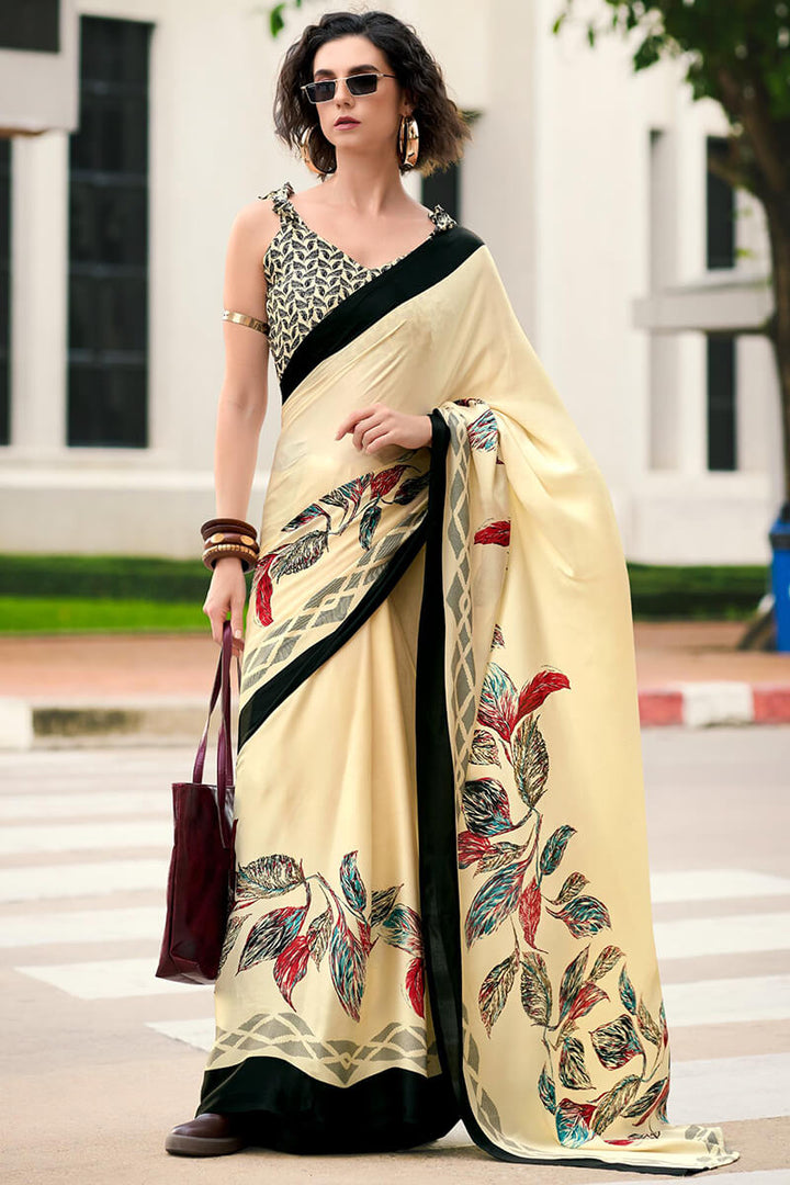 Almond Beige Printed Satin Crape Silk Saree