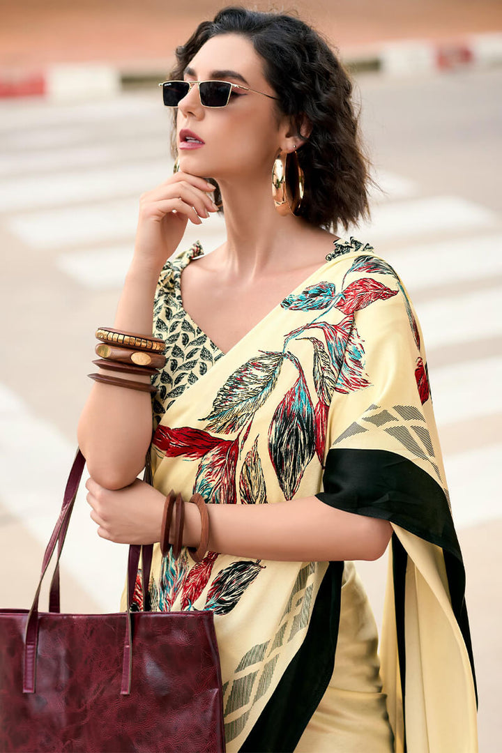 Almond Beige Printed Satin Crape Silk Saree