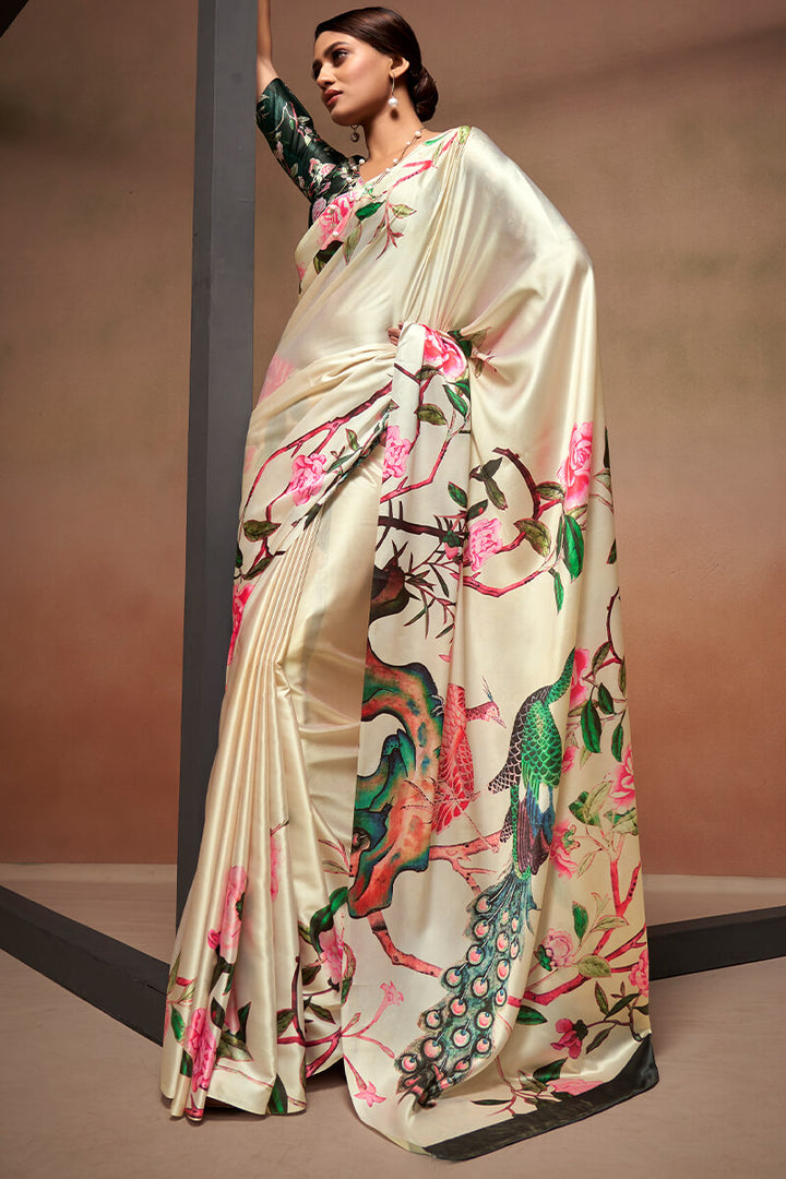 Almond Beige Printed Satin Silk Saree