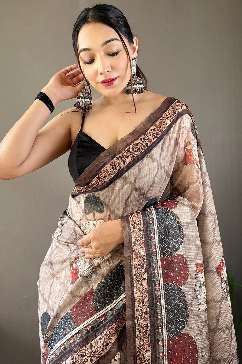 Almond Beige Printed Tussar Silk Saree