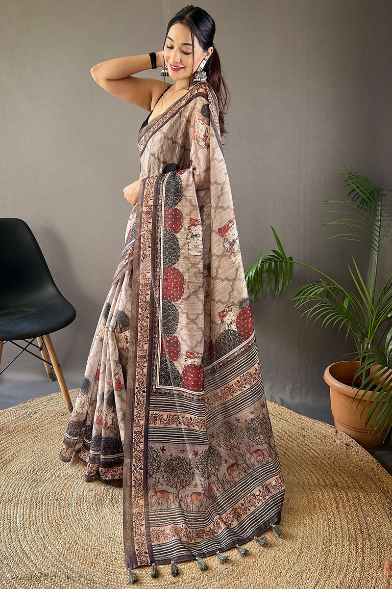 Almond Beige Printed Tussar Silk Saree