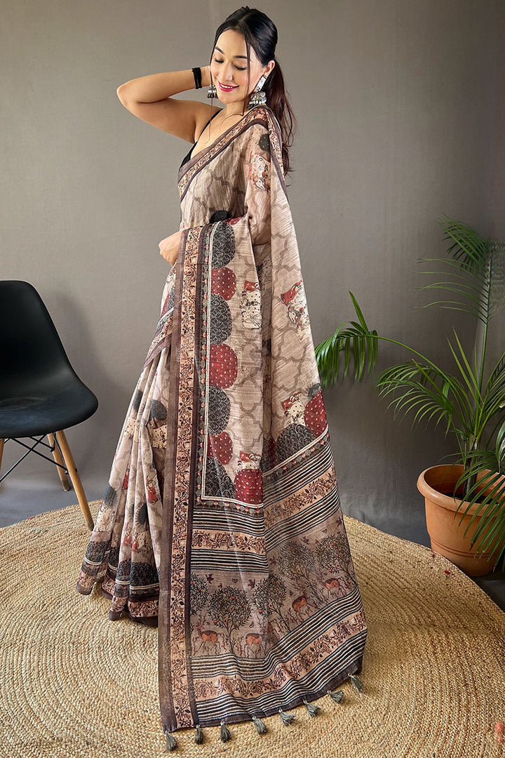 Almond Beige Printed Tussar Silk Saree