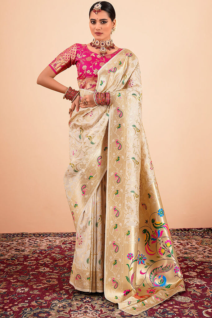 Almond Beige Zari Woven Paithani Silk Saree