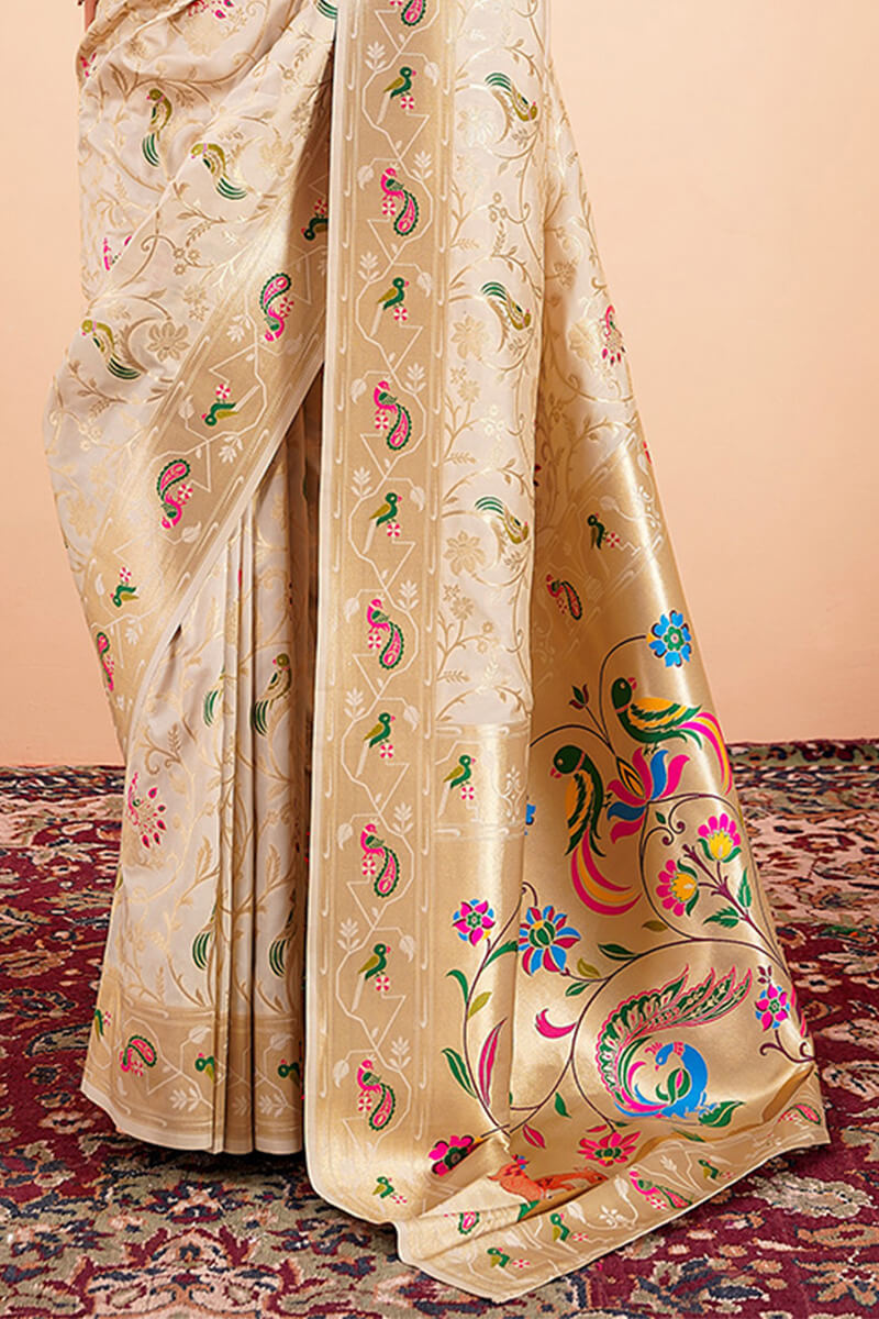 Almond Beige Zari Woven Paithani Silk Saree