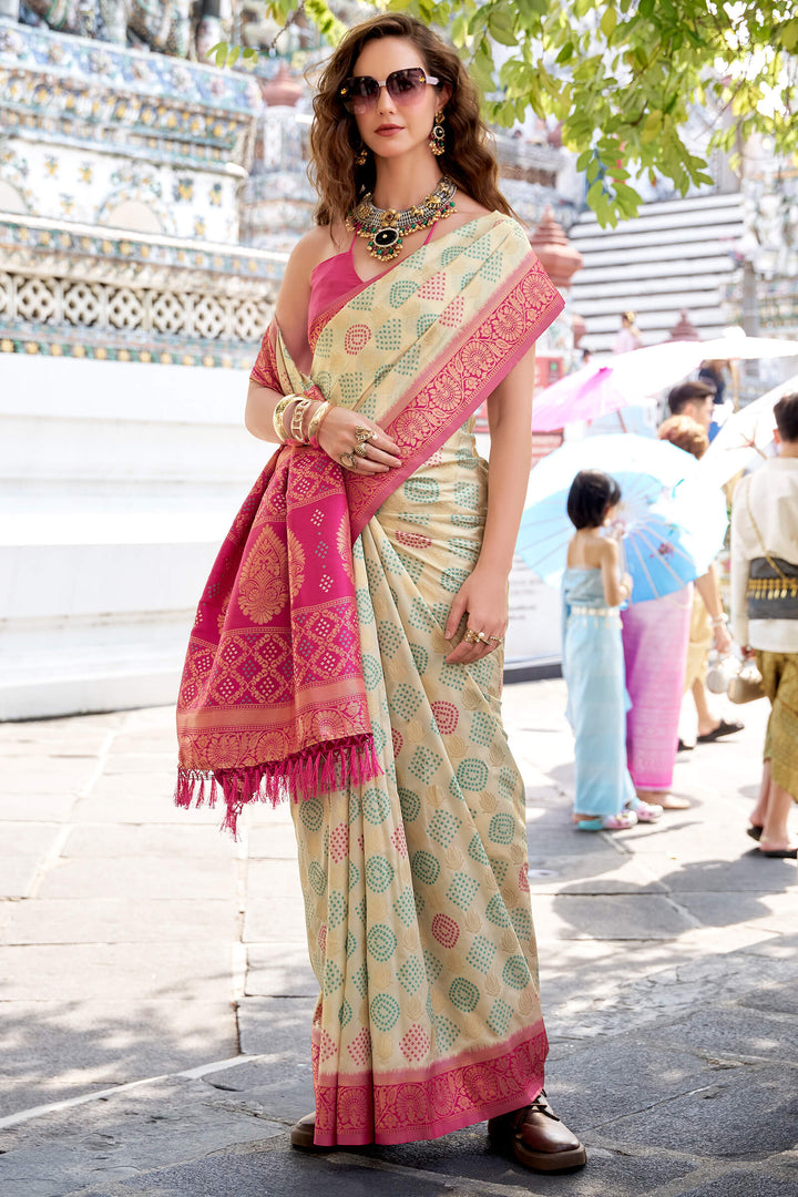 Almond Beige Zari Woven Soft Silk Saree