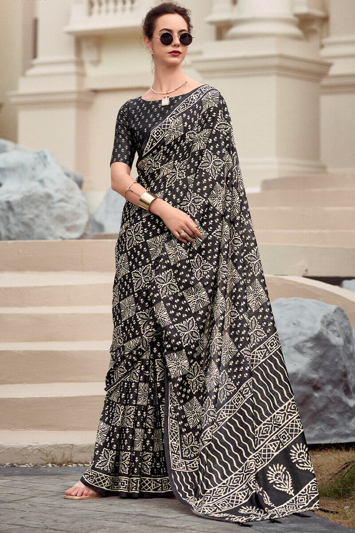 Almost Black Printed Mul cotton Saree