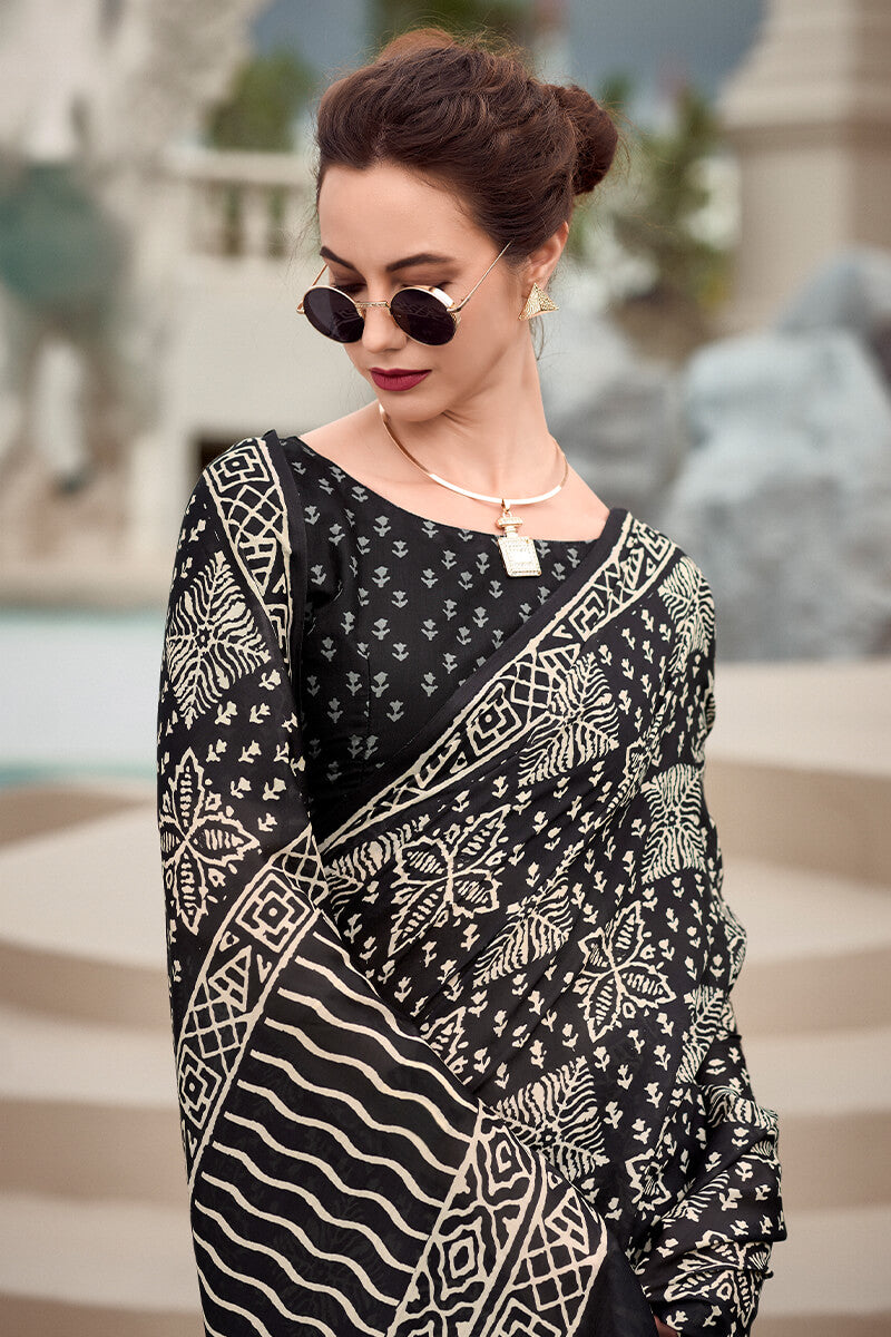 Almost Black Printed Mul cotton Saree