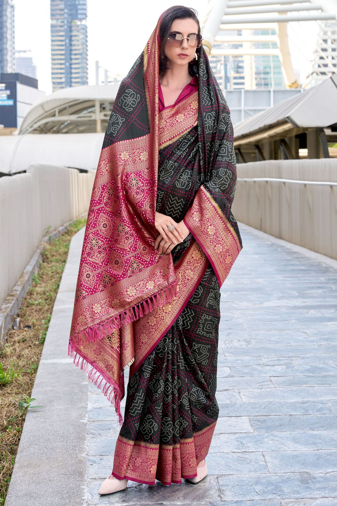Almost Black Soft Bandhani Saree