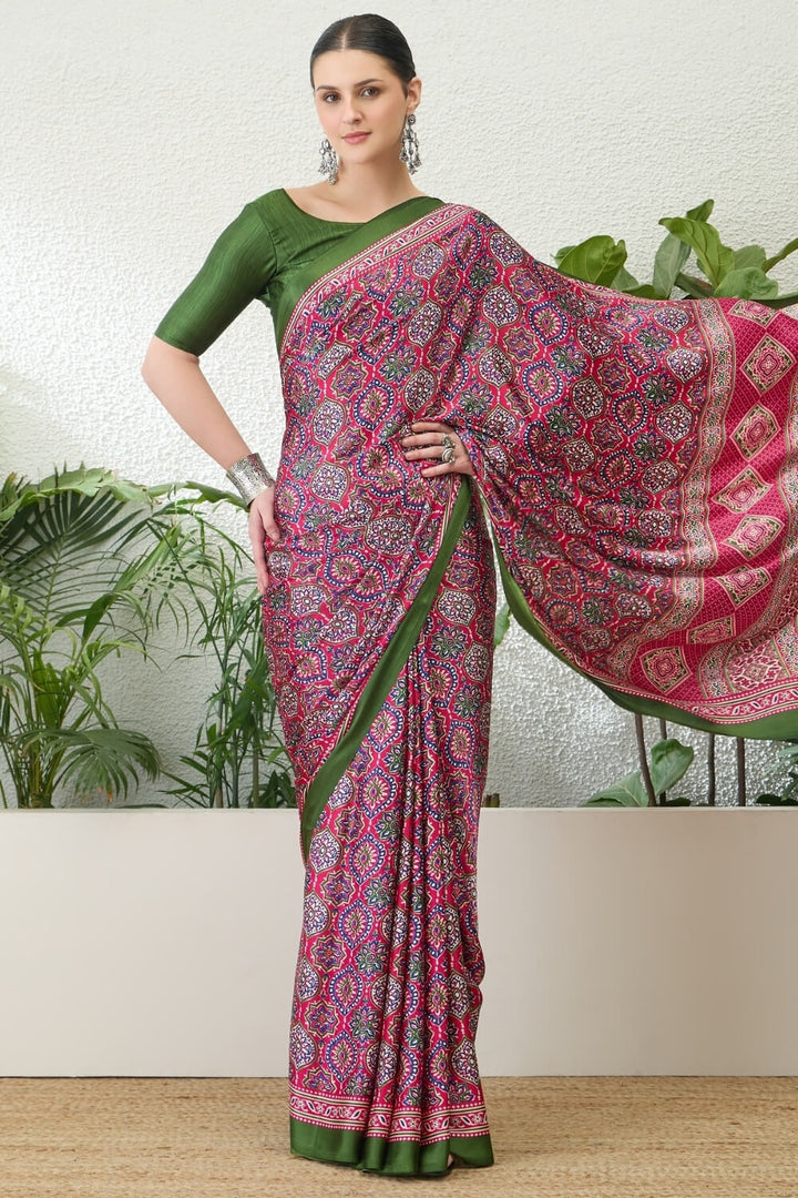 Amaranth Pink Printed Satin Silk Saree