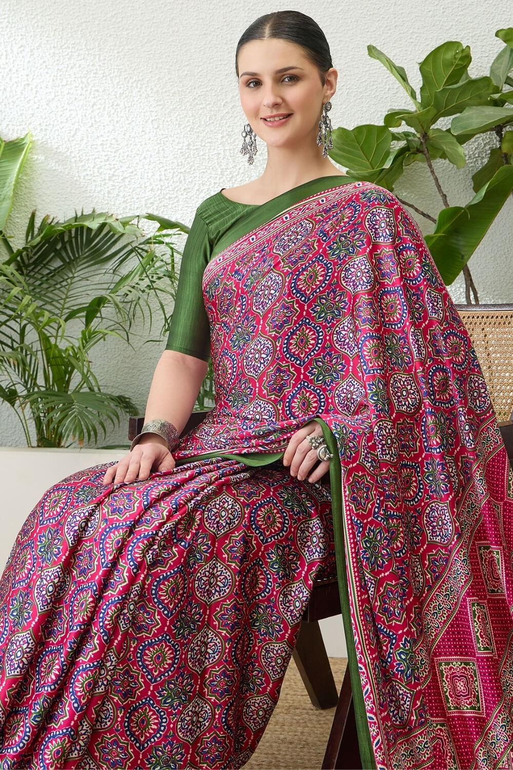 Amaranth Pink Printed Satin Silk Saree