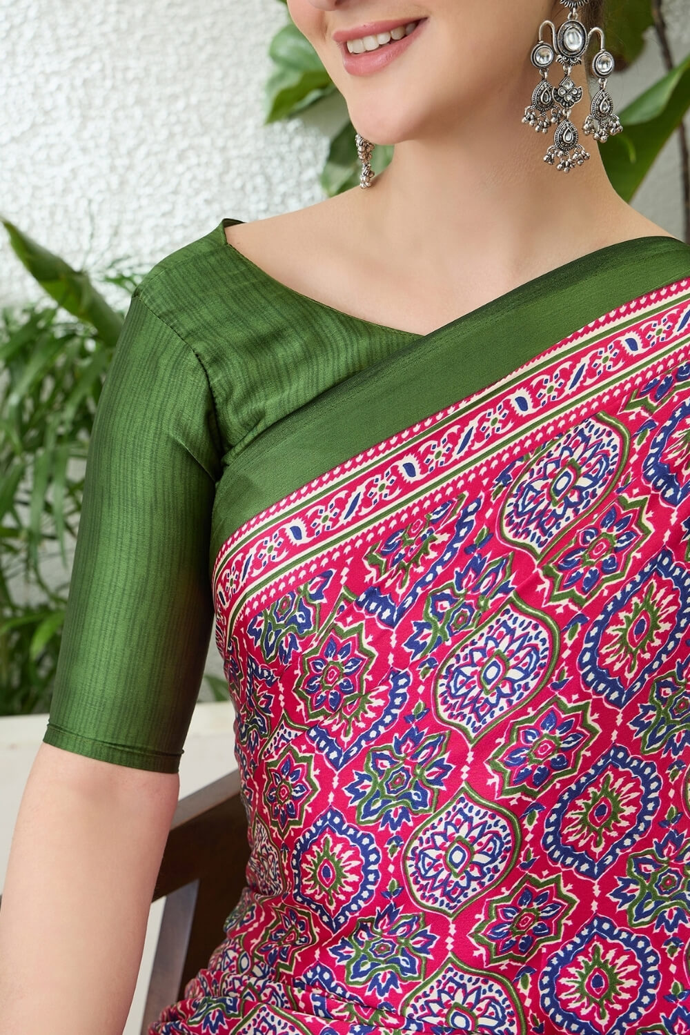 Amaranth Pink Printed Satin Silk Saree