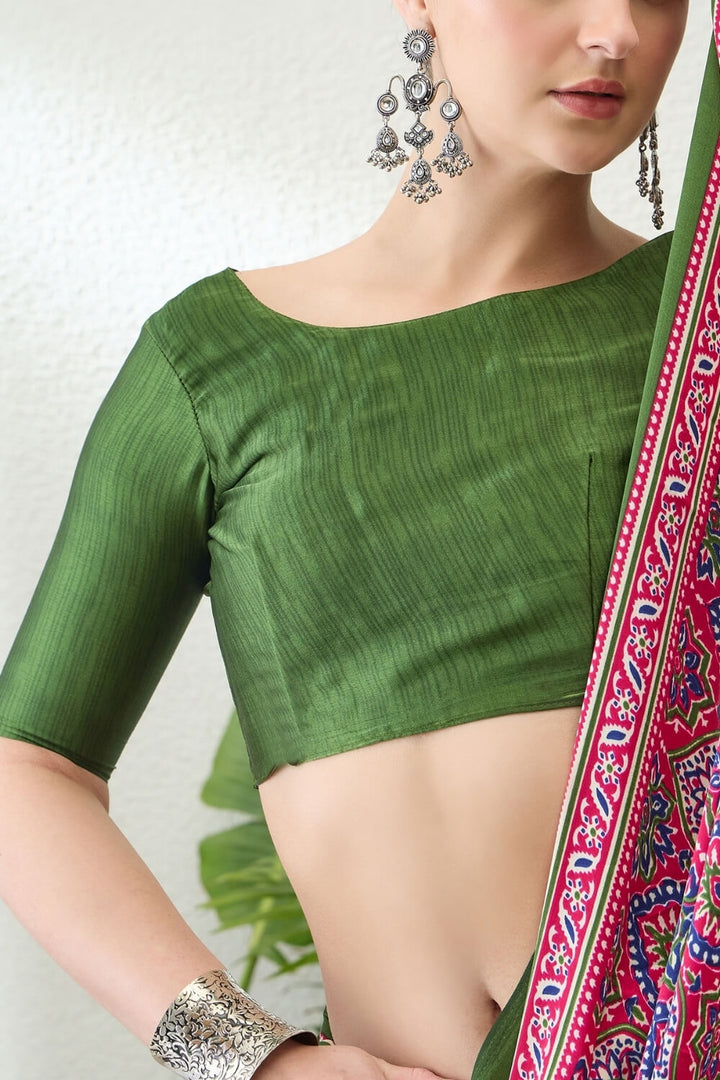 Amaranth Pink Printed Satin Silk Saree