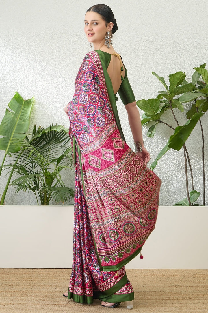 Amaranth Pink Printed Satin Silk Saree