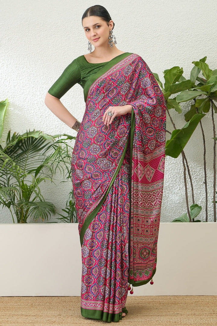 Amaranth Pink Printed Satin Silk Saree