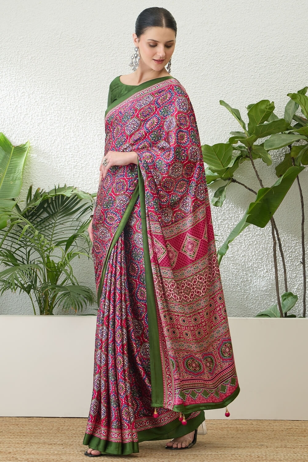 Amaranth Pink Printed Satin Silk Saree