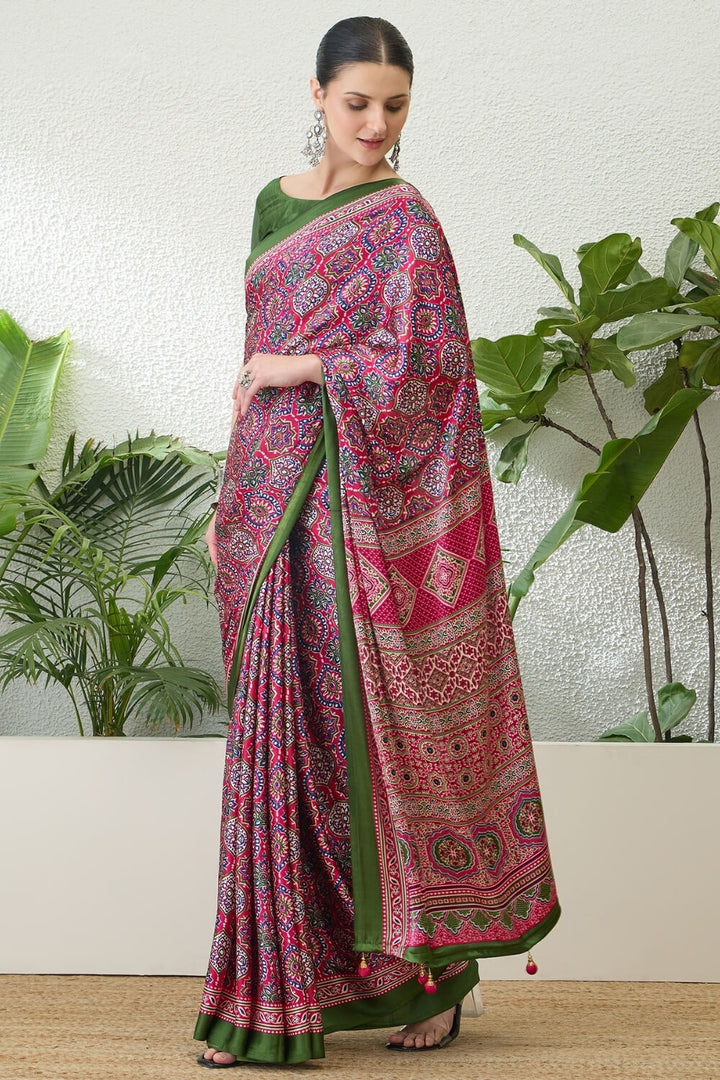 Amaranth Pink Printed Satin Silk Saree