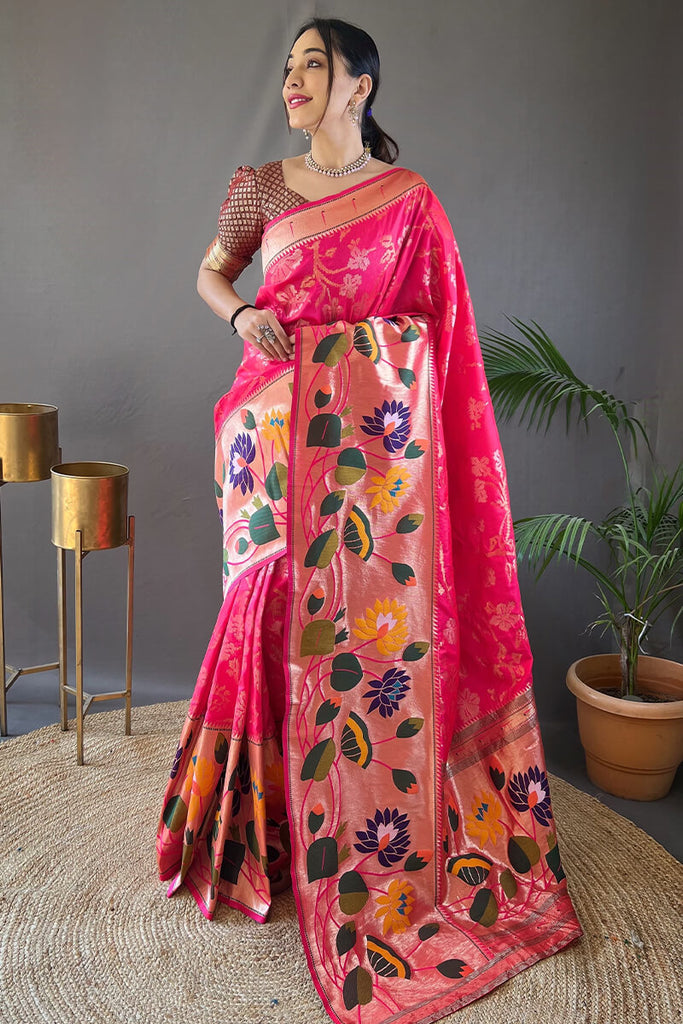 Amaranth Pink Zari Woven Paithani Silk Saree