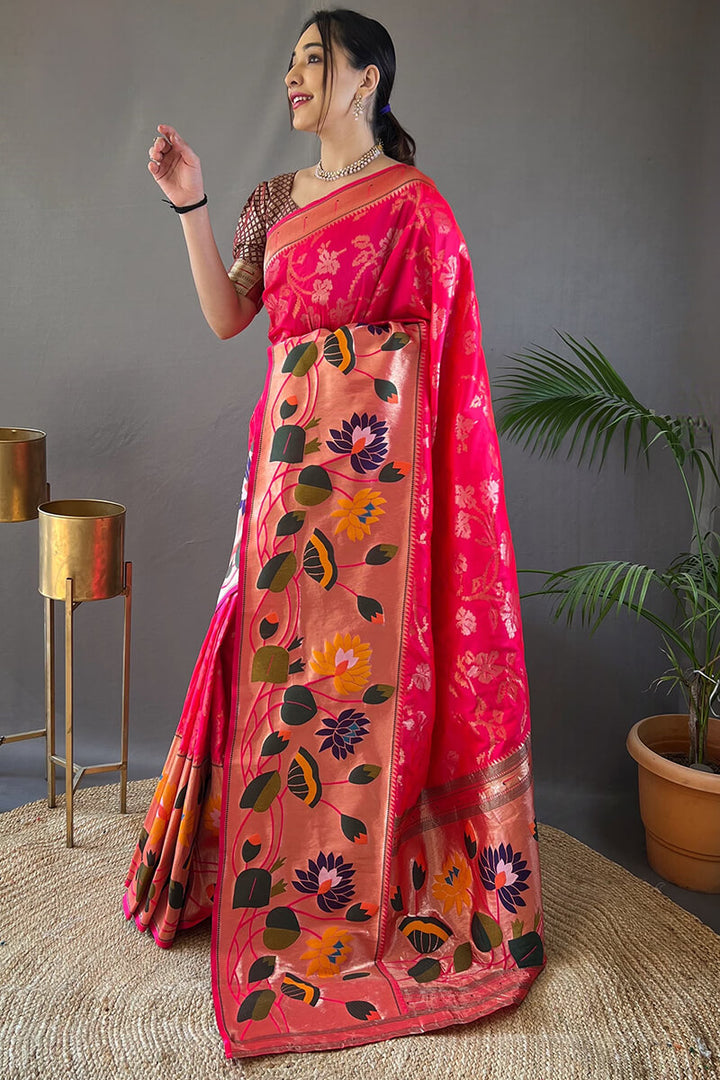 Amaranth Pink Zari Woven Paithani Silk Saree