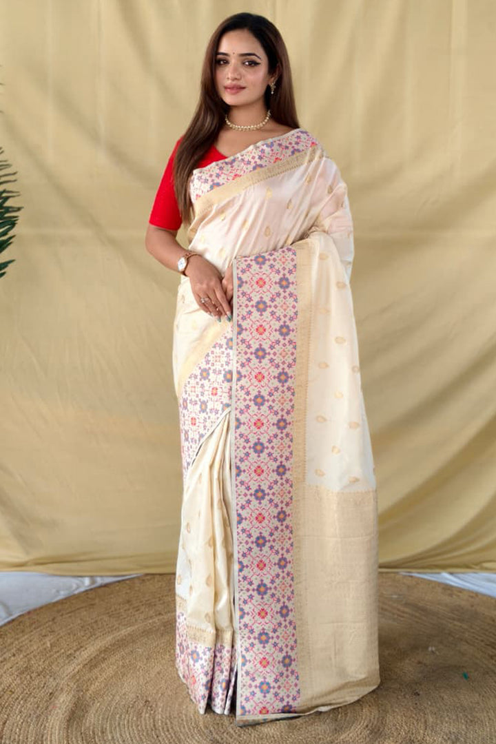 Amour White Patola Inspired Banarasi Silk Saree