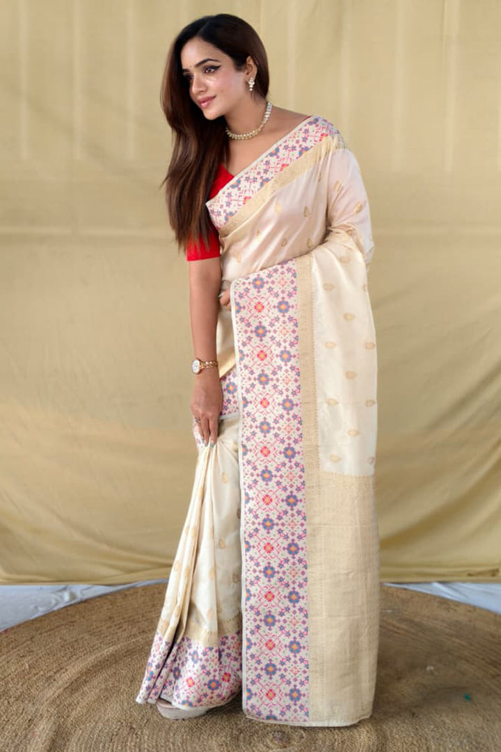Amour White Patola Inspired Banarasi Silk Saree