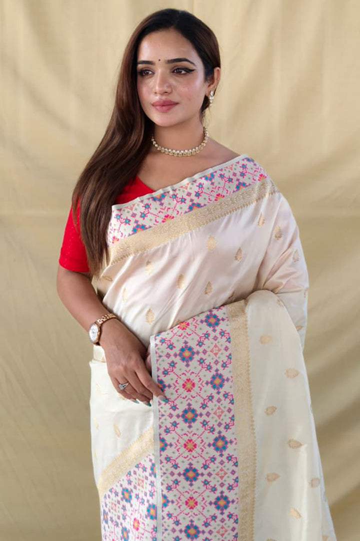 Amour White Patola Inspired Banarasi Silk Saree