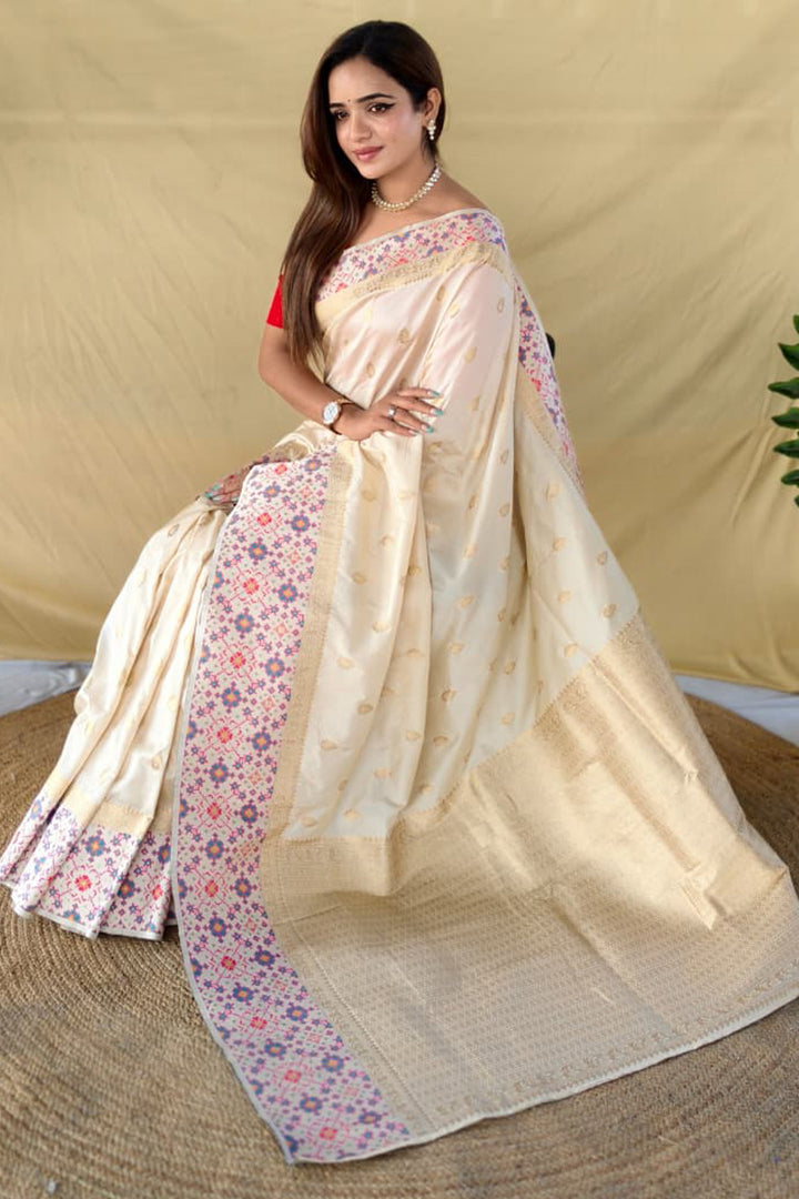 Amour White Patola Inspired Banarasi Silk Saree