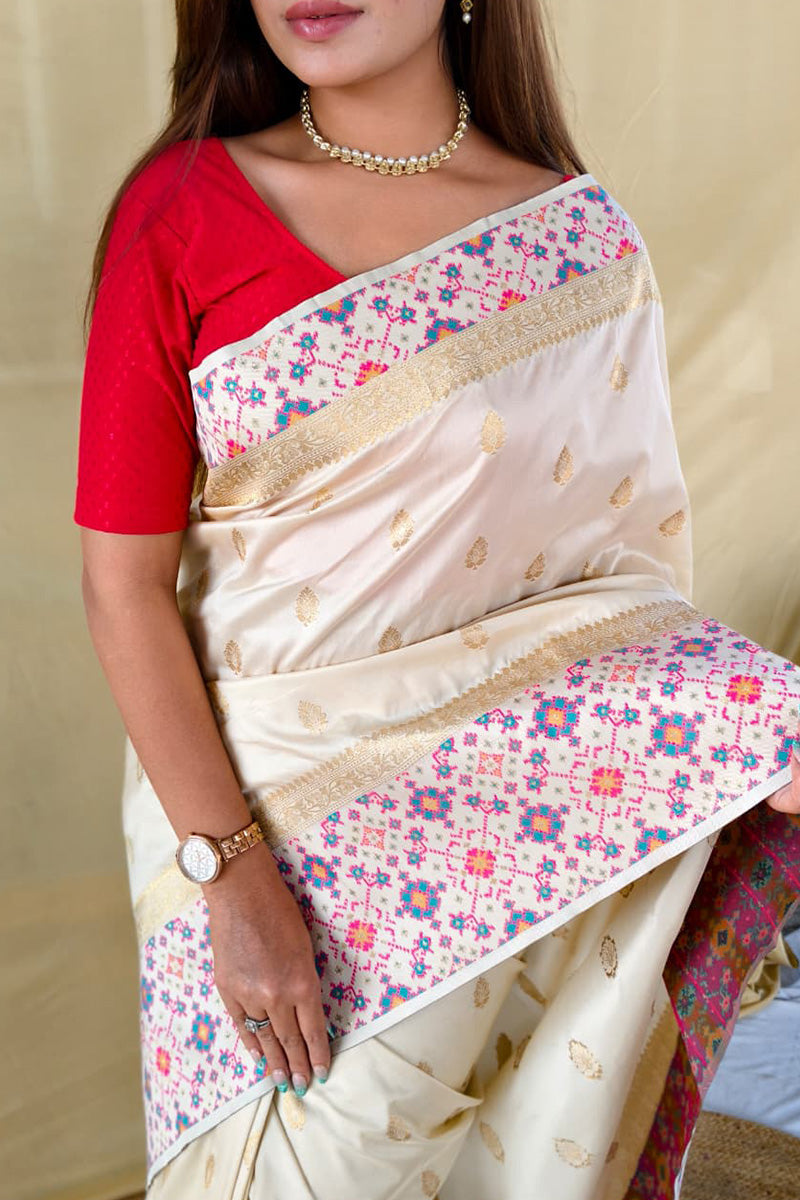 Amour White Patola Inspired Banarasi Silk Saree