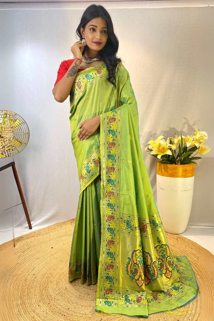 Android Green Zari Woven Paithani Silk Saree