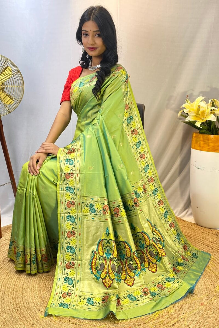 Android Green Zari Woven Paithani Silk Saree