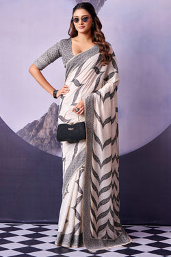 Antique White and Black Cotton Silk Saree