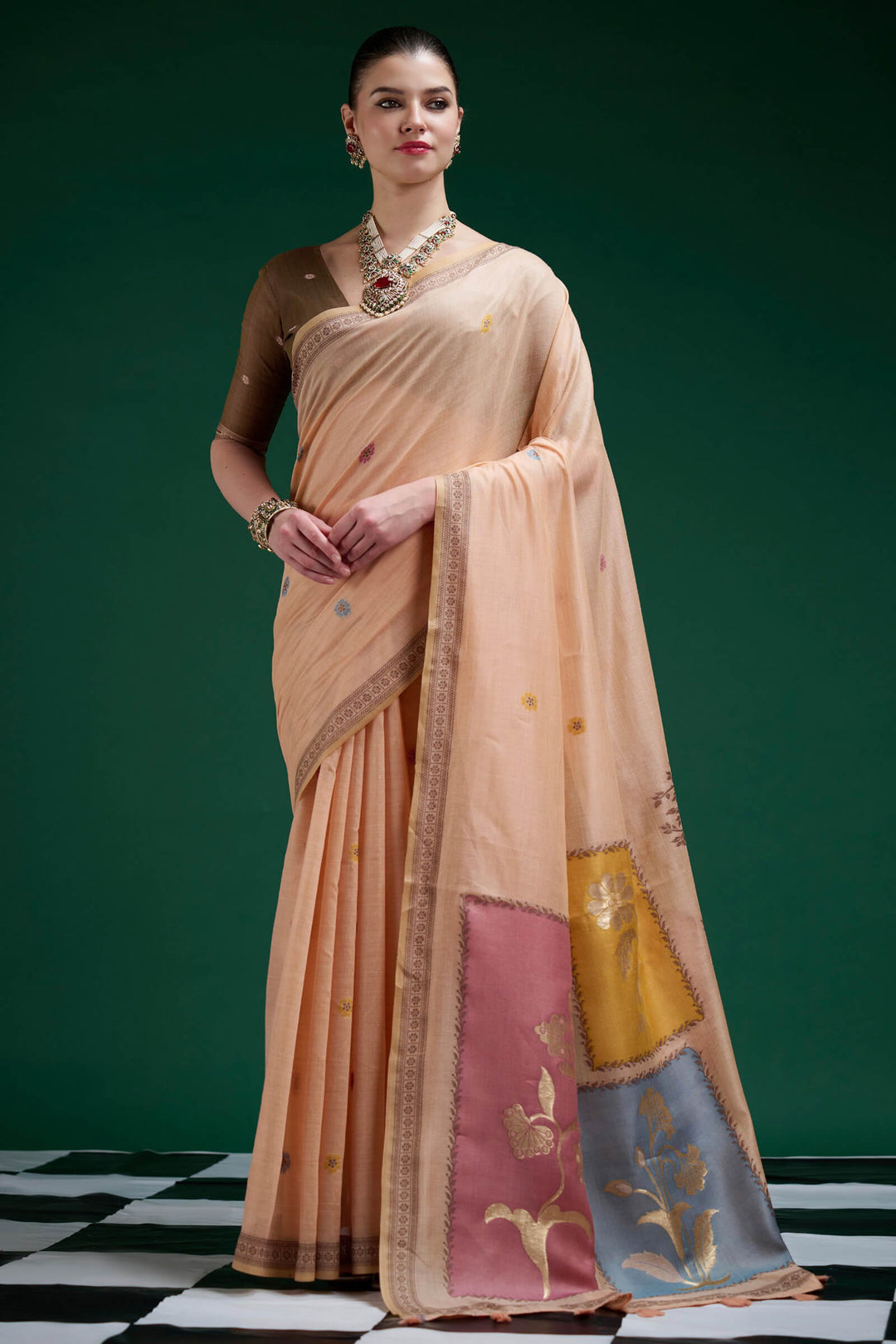 Apricot Peach Jamdani Cotton Silk Saree