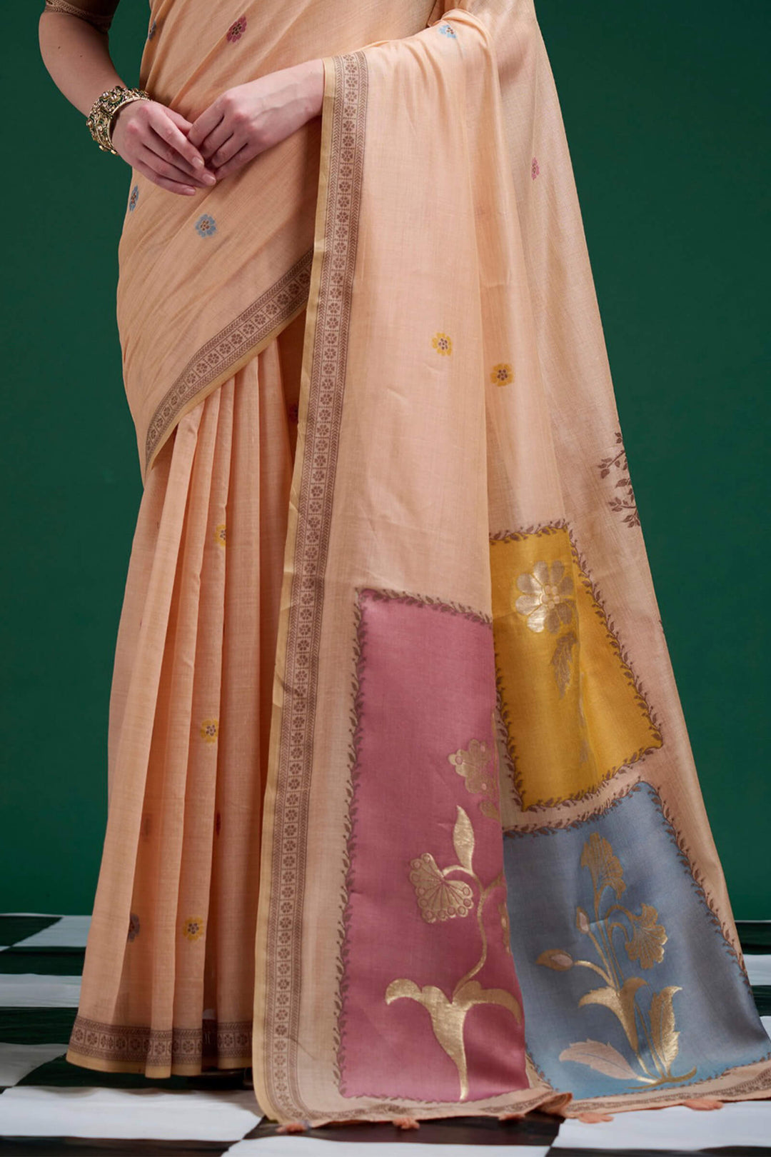 Apricot Peach Jamdani Cotton Silk Saree