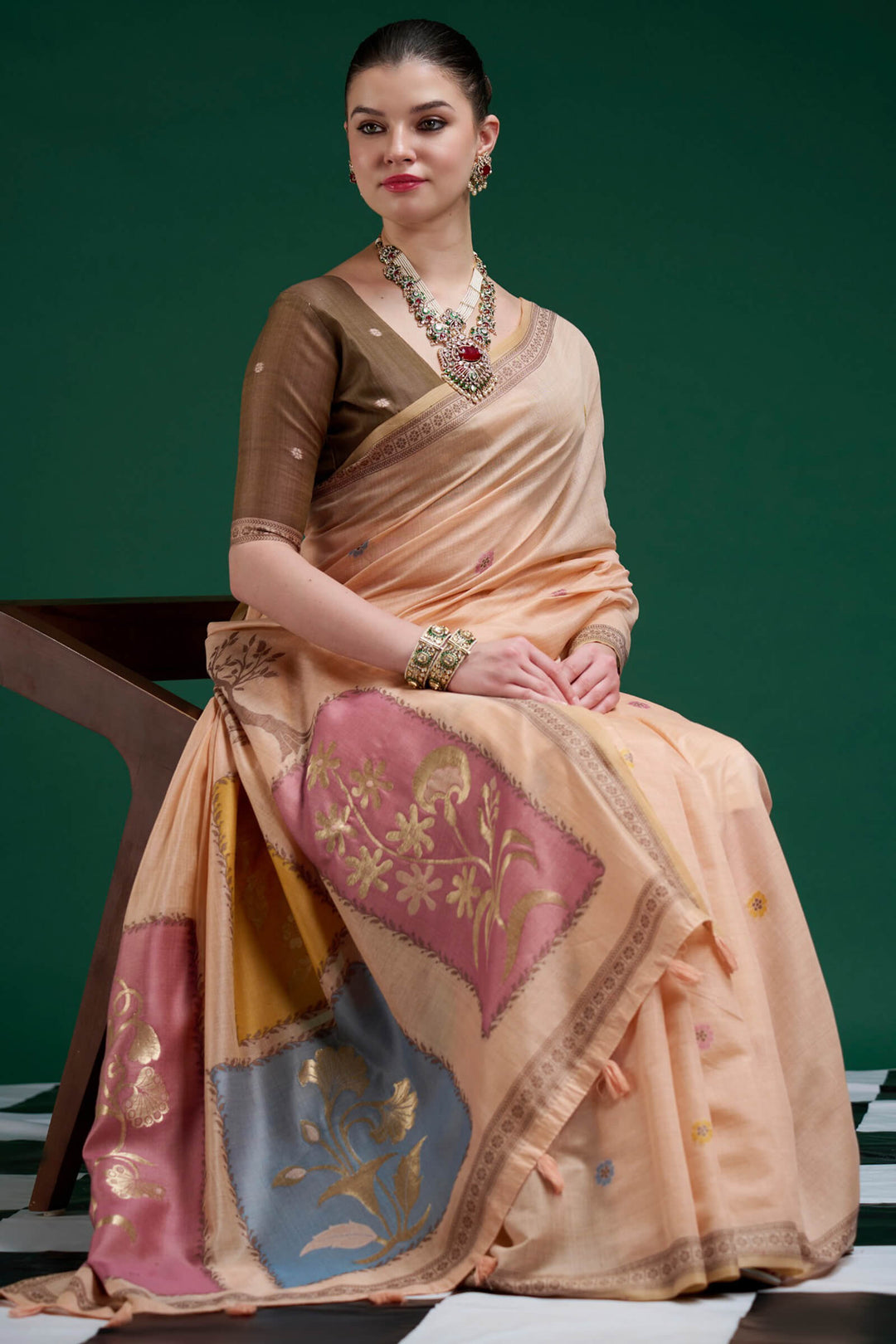 Apricot Peach Jamdani Cotton Silk Saree