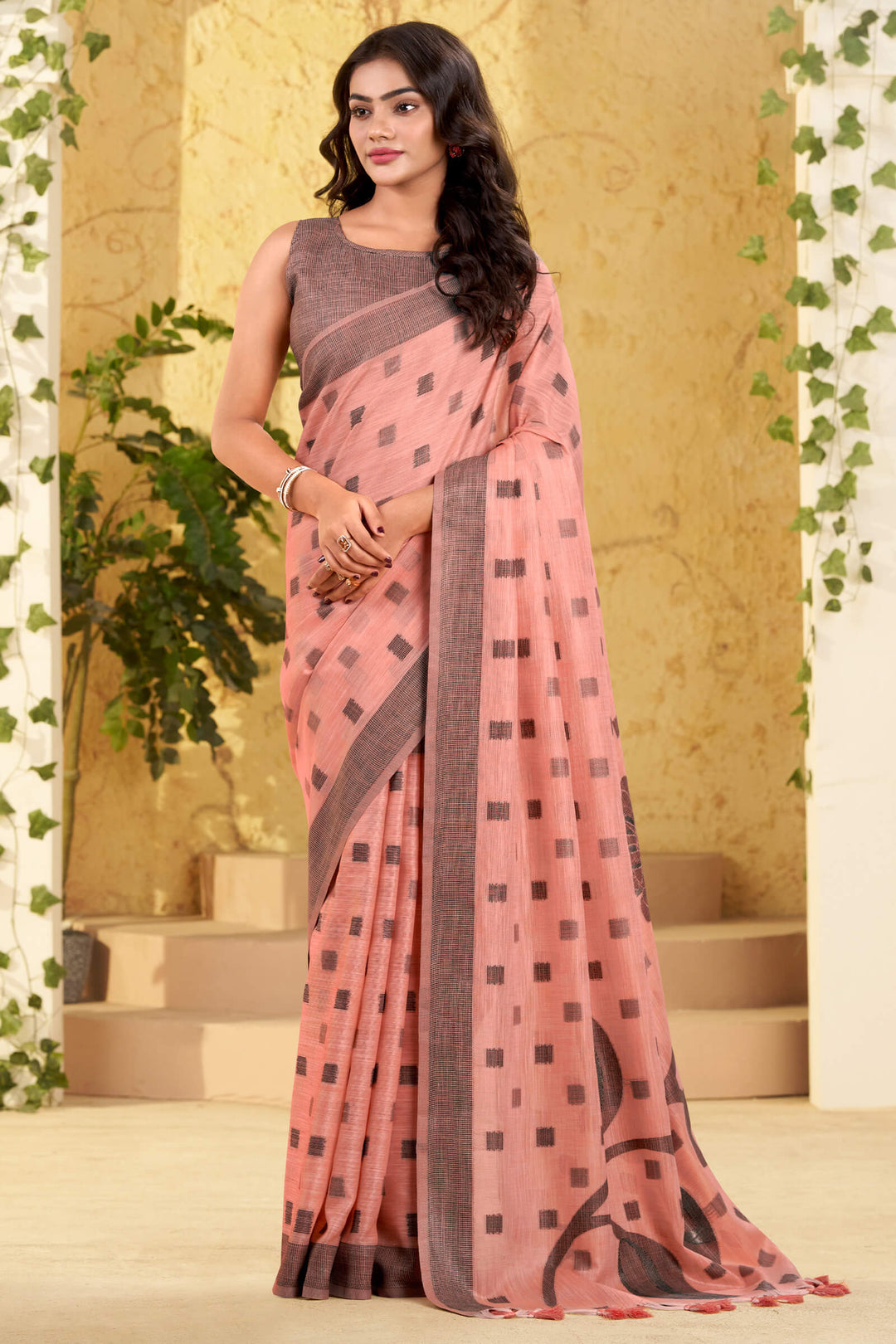 Apricot Peach Linen Silk Saree