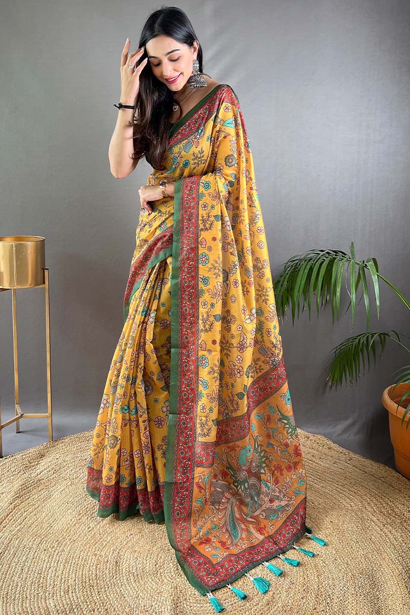 Apricot Yellow Kalamkari Printed Cotton Saree