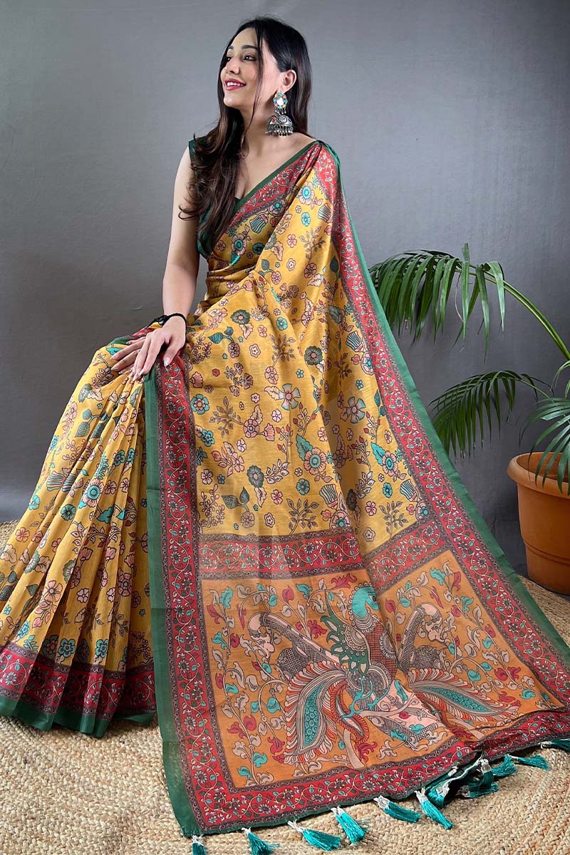 Apricot Yellow Kalamkari Printed Cotton Saree