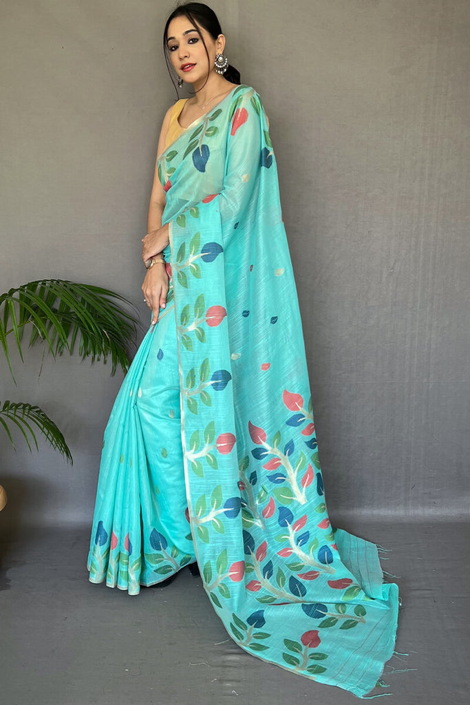 Aquamarine Blue Linen Silk Saree