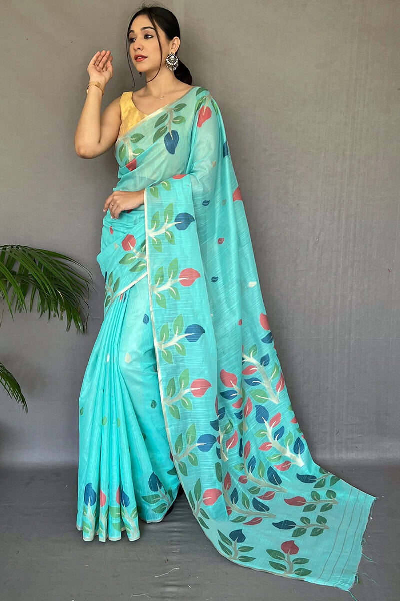 Aquamarine Blue Linen Silk Saree