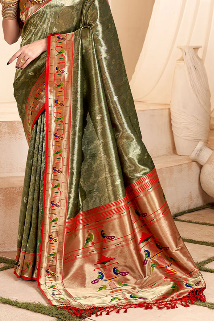 Army Brown Paithani Tissue Silk Saree