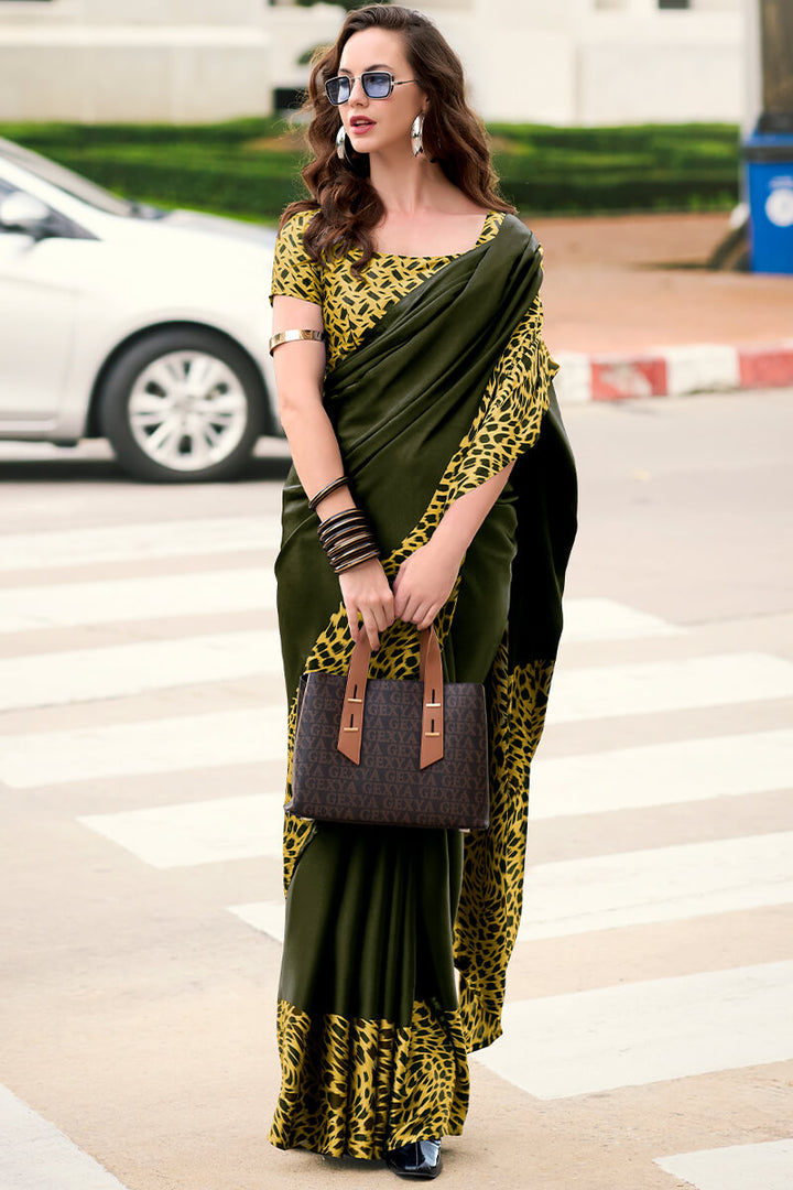 Army Green Printed Satin Crape Silk Saree