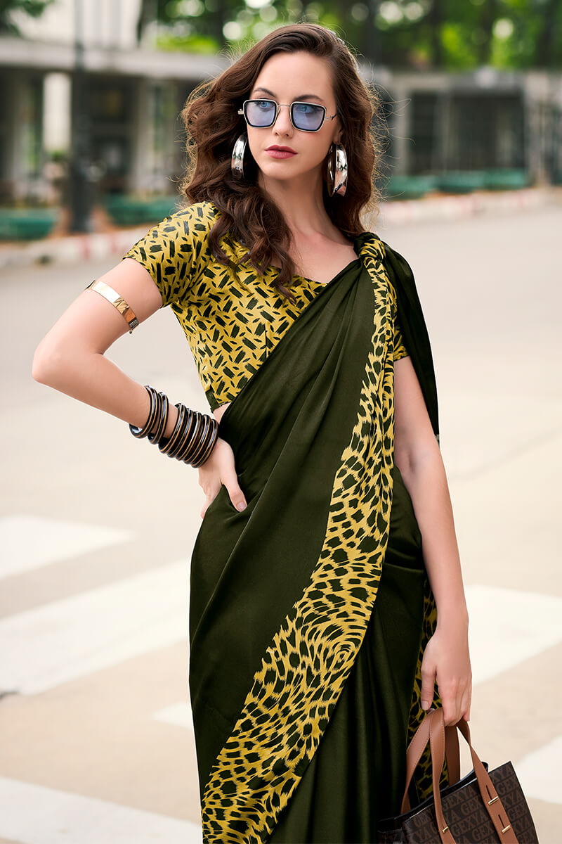 Army Green Printed Satin Crape Silk Saree