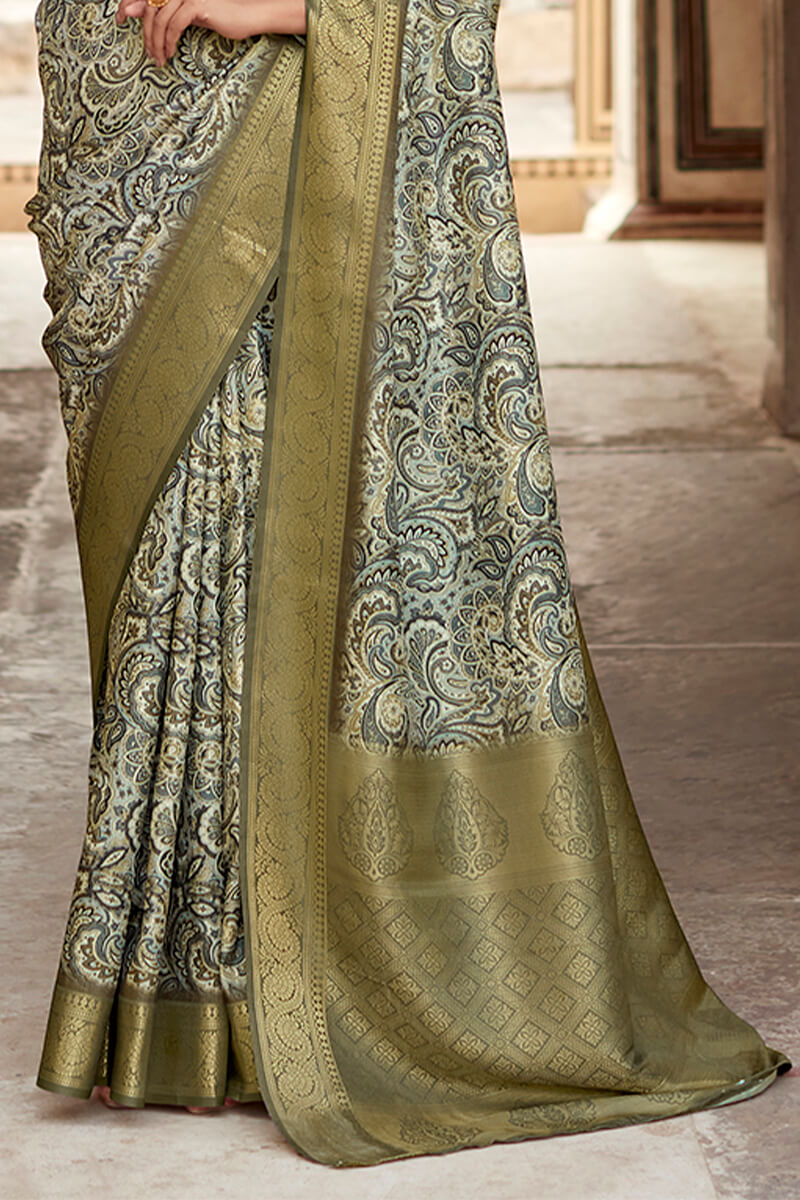 Army Green Printed Soft Silk Saree