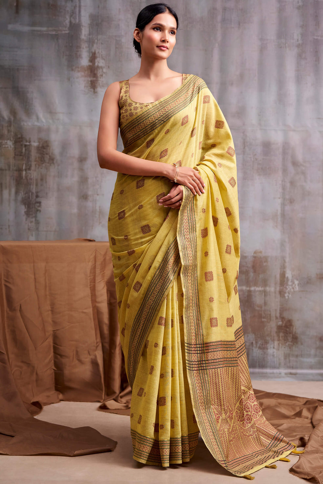 Arylide Yellow Cotton Modal Silk Saree