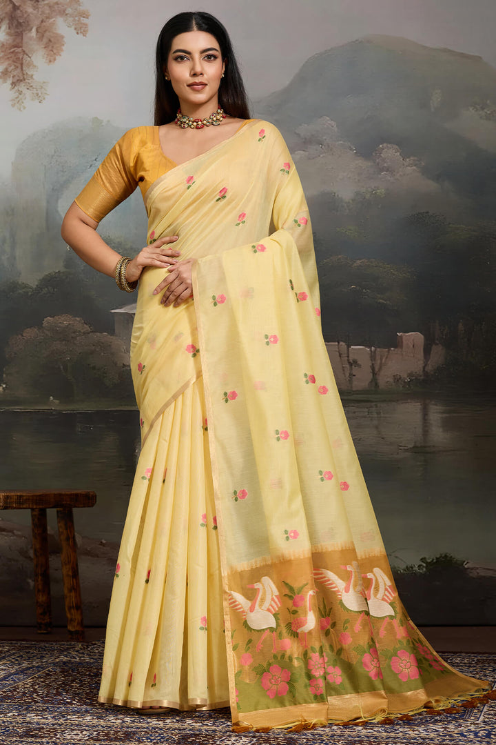 Arylide Yellow Handloom Spun Cotton Saree