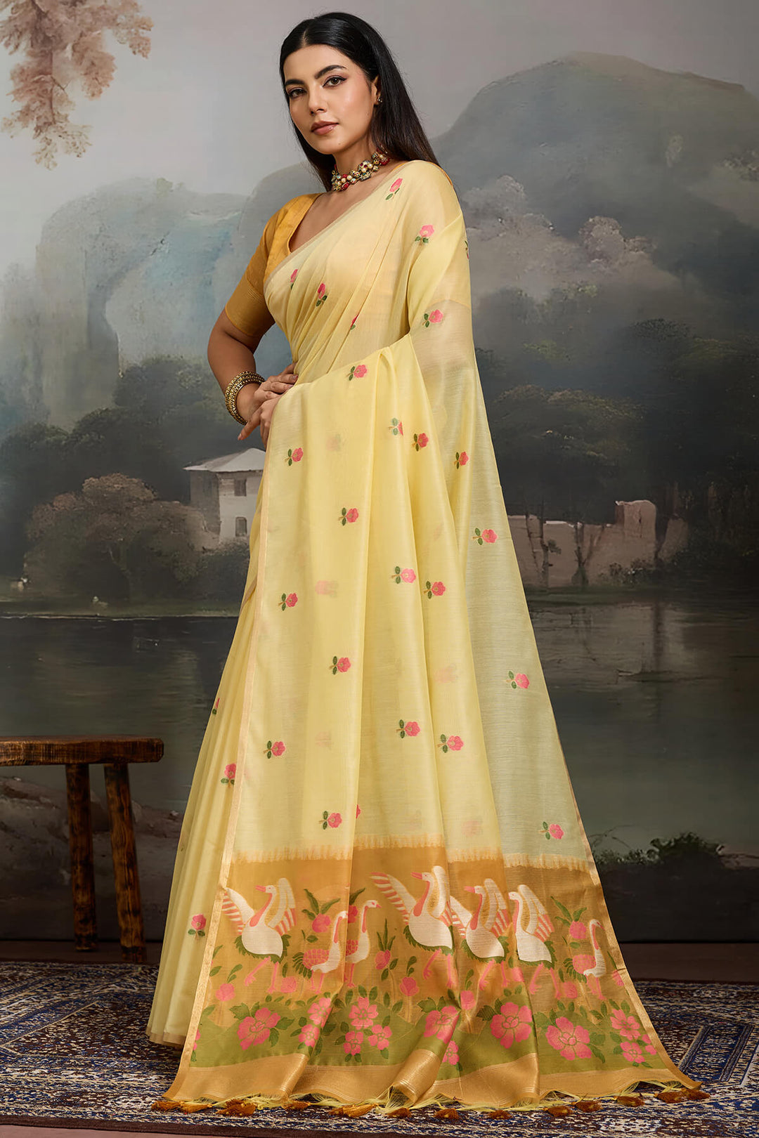 Arylide Yellow Handloom Spun Cotton Saree