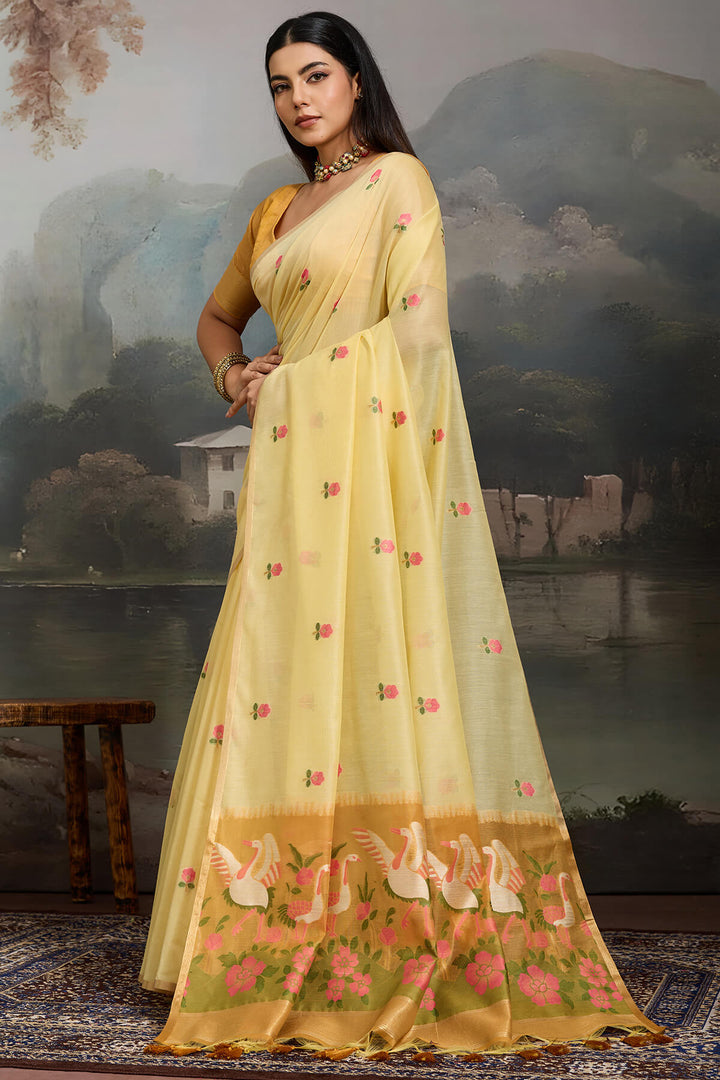 Arylide Yellow Handloom Spun Cotton Saree