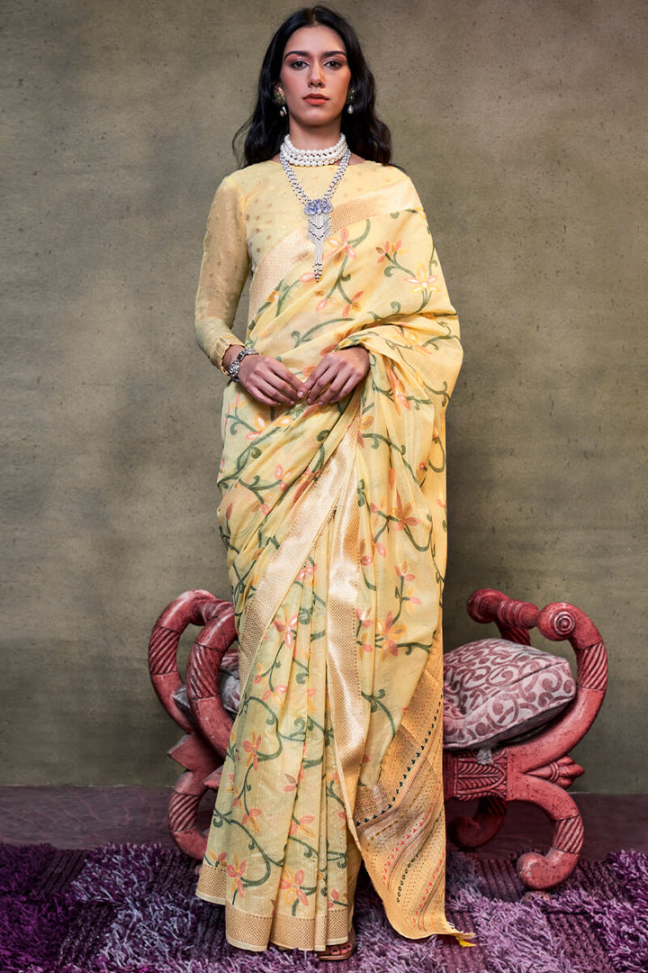 Arylide Yellow Jamdani Handwoven Cotton Saree