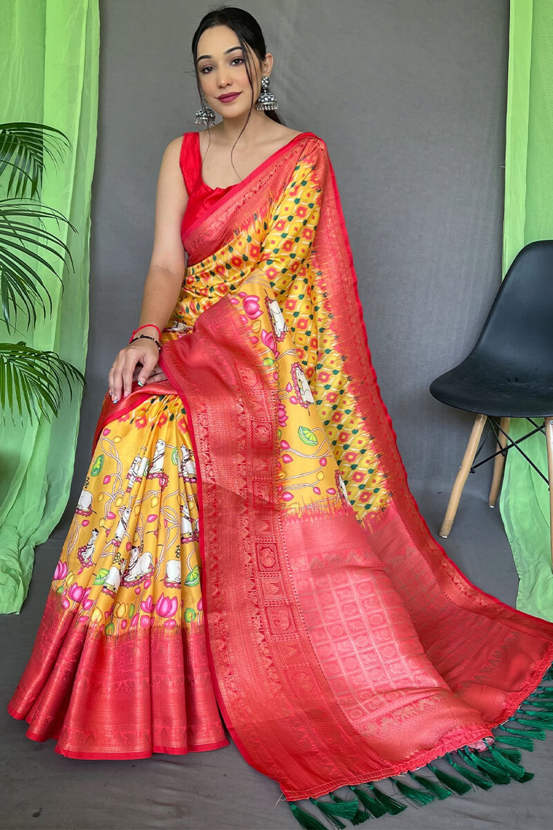 Arylide Yellow Kalamkari Printed Soft Silk Saree