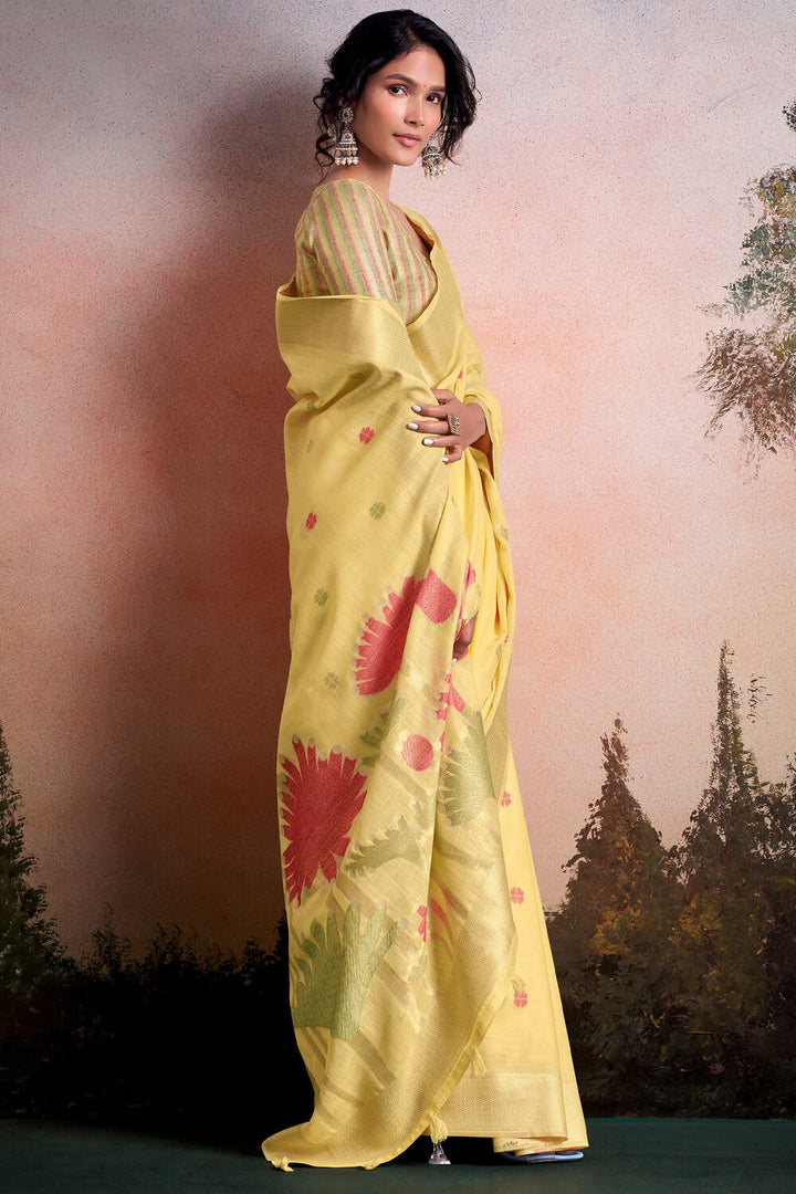 Arylide Yellow Linen Silk Saree