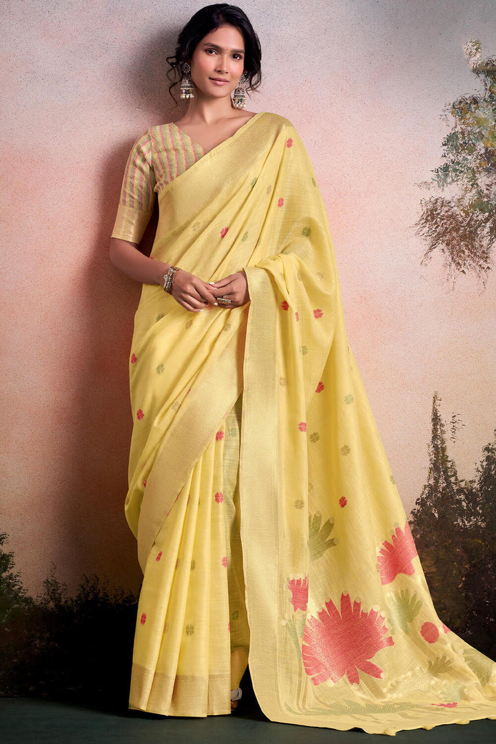 Arylide Yellow Linen Silk Saree